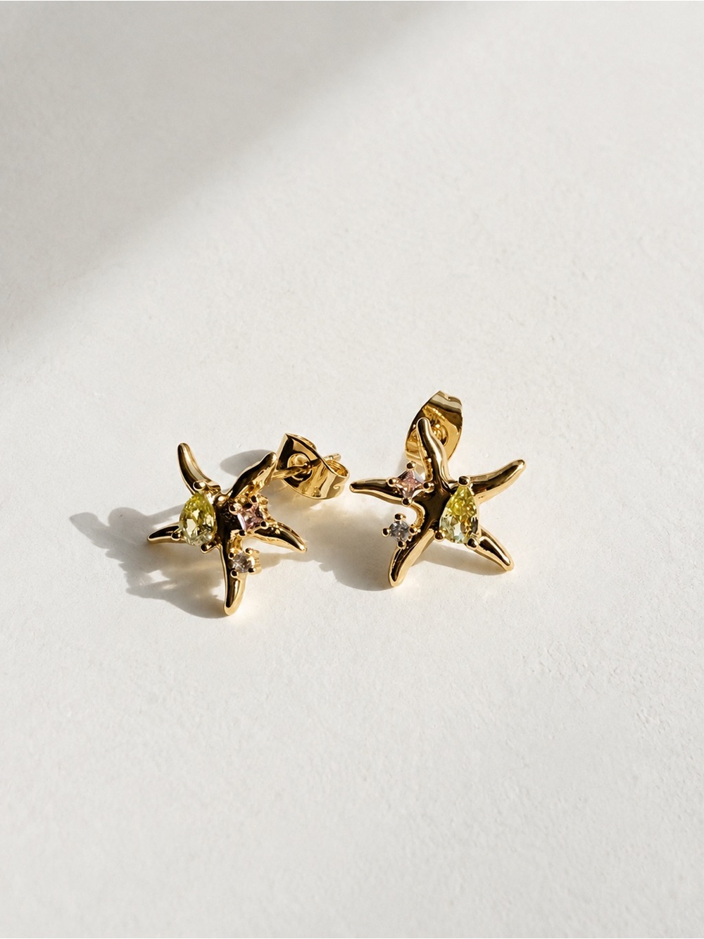 Gold Plated Starfish Stud Earrings with Yellow Accent Stones